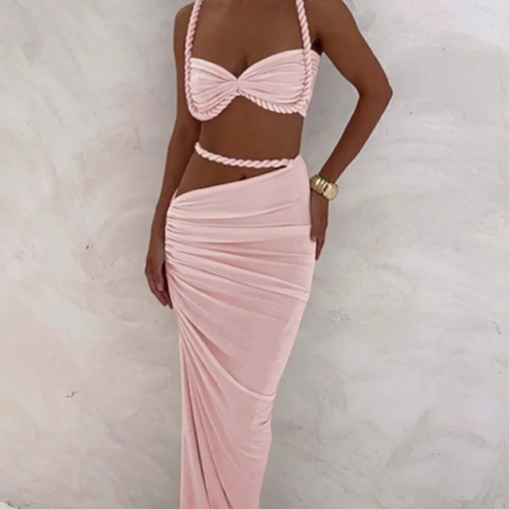 Pink Women's Sexy cropped top & Hip Hugging maxi Skirt Set